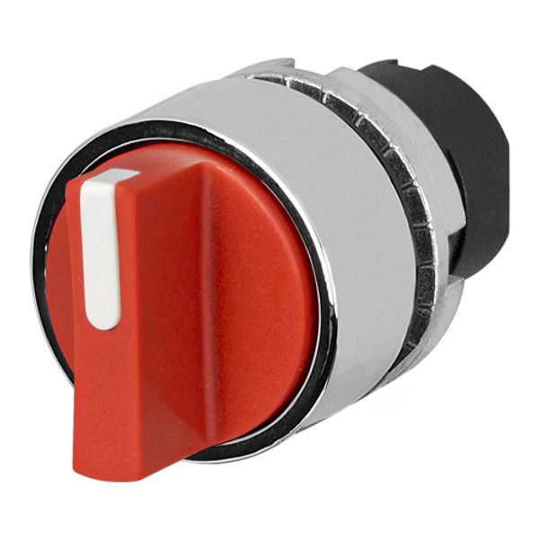 Knob selector switch, red, 3-position, Cam O, spring return from RH, metal image 1