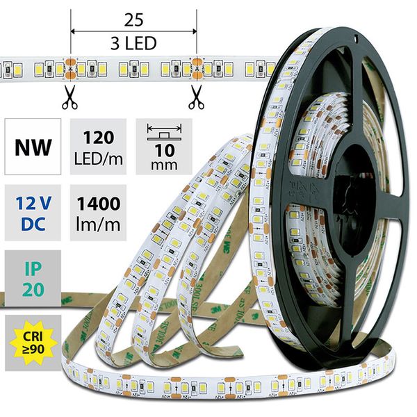 LED strip SMD2835 NW, 120LED/m, 14W/m, 1400lm/m, IP20, DC 12V, 10mm, 5m image 1