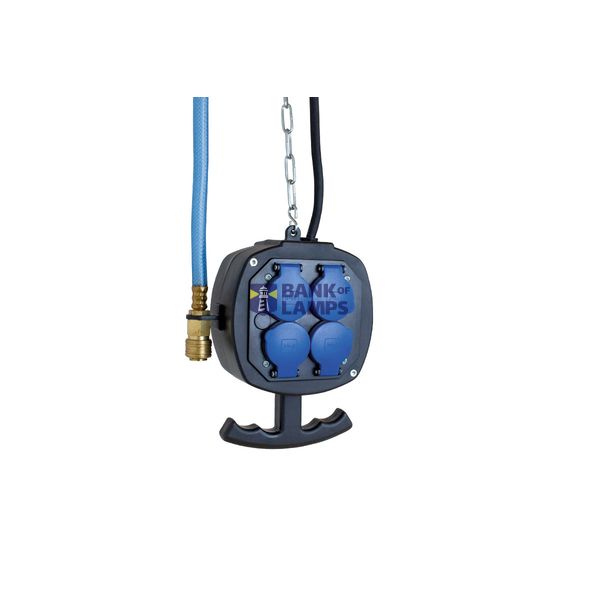 Suspended distribution module ES2 PA  with 3m heavy rubber cable H07RN-F 3G1, 5  4 safety sockets with hinged lid, 230V / 16A  Including 3m air hose 9x3mm with NW7, 2 quick release  3m galvanized steel chain to hang up  - For outdoor use IP44 - image 1
