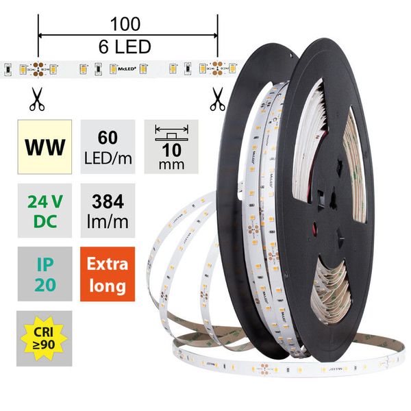 LED strip SMD2835 WW, 60LED/m, 4,8W/m, DC 24V, 384lm/m, CRI90, IP20, 10mm, 50m image 1