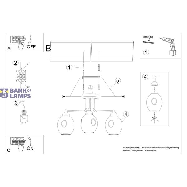 FILLAN 3 BLACK CHANDELIER E27 3X60 IP20 image 4