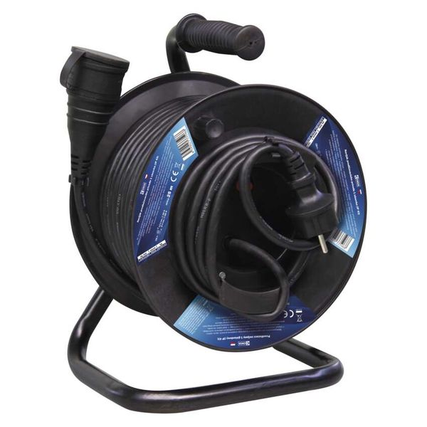 Outdoor extension cable on a drum 25 m / 1 socket / black / rubber / 230 V / 1.5 mm2 image 1