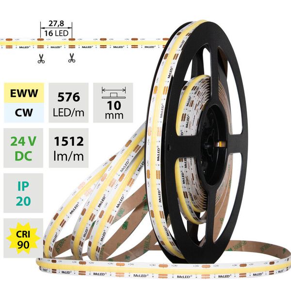 LED strip COB dual white EWW-CW, 576LED/m, 15W/m, 1512lm/m, CRI90, IP20, DC 24V, 10mm, 5m image 1