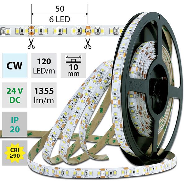 LED strip SMD2835 CW, 120LED/m, 14W/m, 1355lm/m, IP20, DC 24V, 10mm, 5m image 1