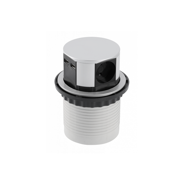 Furniture socket COMFORT, Ø100 mm, 3xSHUKO, 2xUSB-A, 2.4A, cable 1.5 m, aluminum image 1