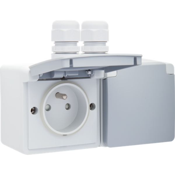 Splashproof double horizontal wall socket with pin earthing, shutters and plug-in terminals; includes surface-mounting box with two inputs on the upper side, grey image 1