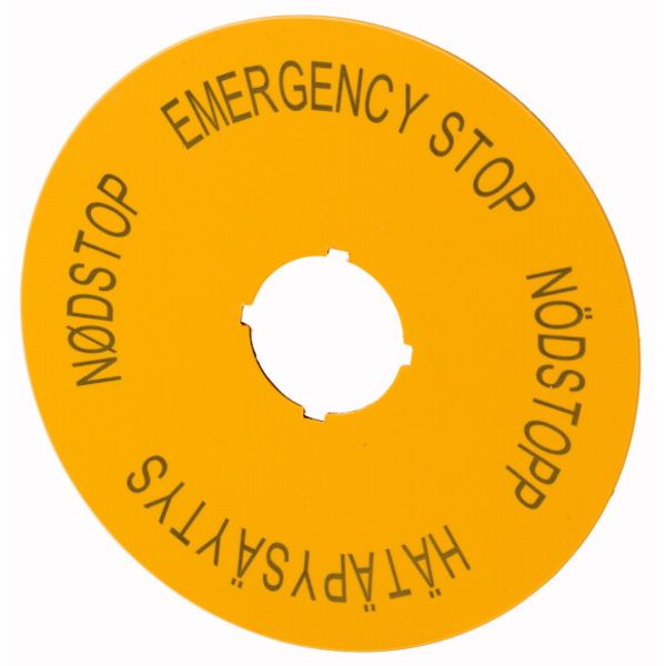 M22-XAK14 Label, emergency stop, D=90mm, yellow, EN, SV, FI, DA image 1