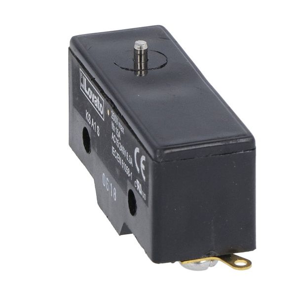 Plastic micro switch, K series, top push rod - metal plunger. Pin. Contacts 1NO/NC. Solder terminals image 1
