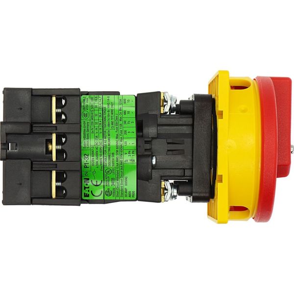 P1-32/V/SVB Main switch, P1, 32 A, rear mounting, 3 pole, Emergency switching off function, With red rotary handle and yellow locking ring, Lockable in the 0 (Off image 32