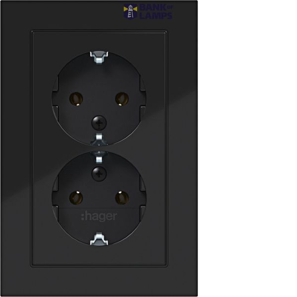 Double SCHUKO wall socket, tall, A.1, glossy night black image 1