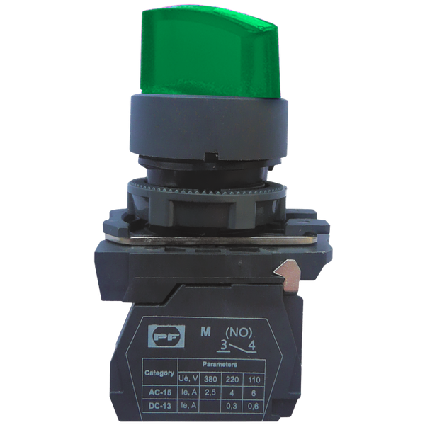 Plastic pushbutton switch  FP5-AK3365230 2NO LED, 230V (3 position with fixation) 1-0-2 IP40 GREEN image 1