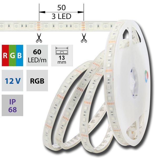 LED strip SMD5050 RGB, 60LED/m, 14.4W/m, DC12V, 483lm/m, IP68, 13mm, 5m image 1