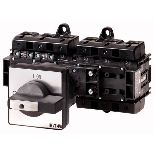 T6-160-6/V/SVB-SW/HI11 Main switch, T6, 160 A, rear mounting, 6 contact unit(s), 6 pole, 1 N/O, 1 N/C, STOP function, With black rotary handle and locking ring, Lockable in image 1