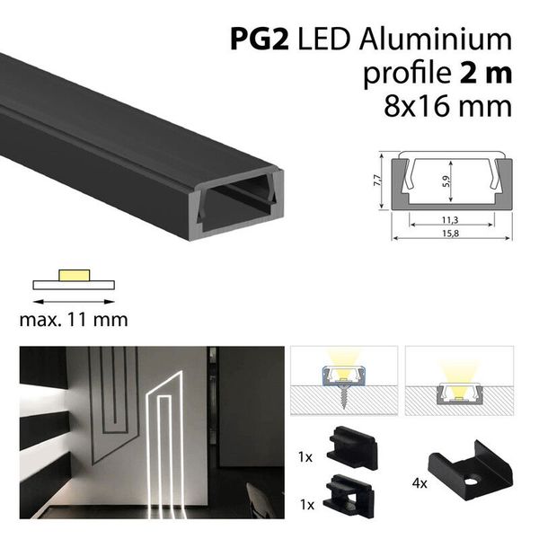 Attached aluminum profile black PG2 black diffusion 2m incl. 2x end cap 4x clip image 1