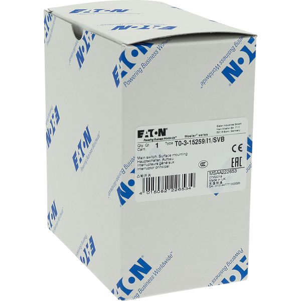 T0-3-15259/I1/SVB Main switch, T0, 20 A, surface mounting, 3 contact unit(s), 3 pole, 2 N/O, Emergency switching off function, With red rotary handle and yellow locking image 37