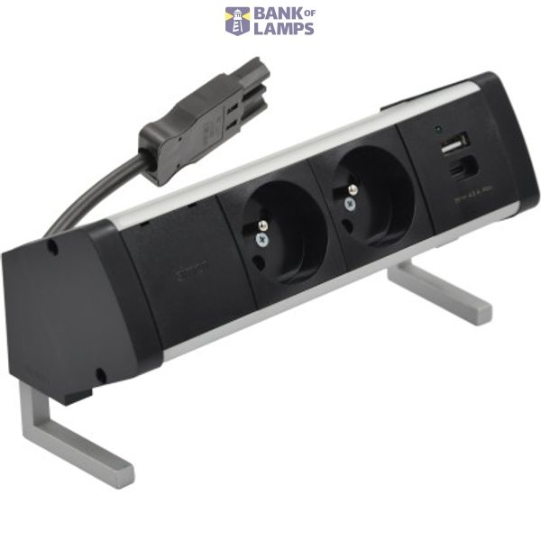 Desk socket set: 2x250V type E + USB A+C charger, Wieland quick connector; aluminum black image 1
