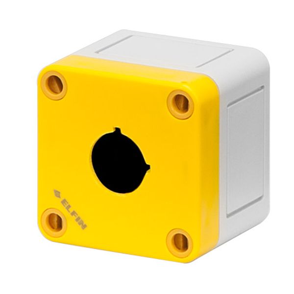 Polystyrene push-button enclosure 65x65x57, 1 hole Ø 22, yellow image 1