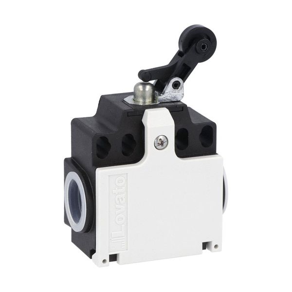 Limit switch, K series, roller side push lever, 2 side cable entry. Dimensions compatible to EN 50047, plastic body, contacts 2NC slow action. Plastic roller image 1