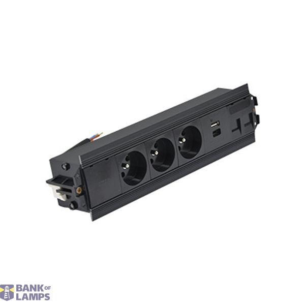 Indesk 3x250V typ E sockets + USB A+C charger + 2xRJ45 plate with Keystone mounting; 10 cm cable; black image 1