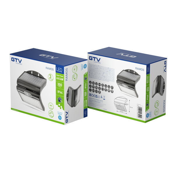 LED facade luminaire on solar battery RAMOS, motion/twilight sensor, 300 lm, 3.7V, 1800 mAh, IP44, 6400K, black image 2