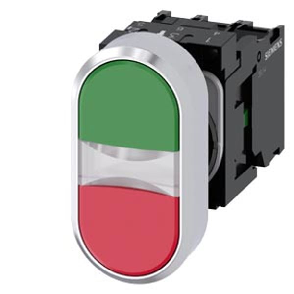 Illuminated twin pushbutton, 22 mm, round, metal, shiny, green, red, pushbuttons, flat momentary contact type, image 1