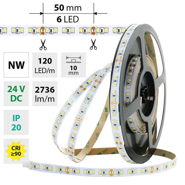 LED strip SMD2835 NW, 120LED/m, 28,8W/m, DC 24V, 2736lm/m, CRI90, IP20, 10mm, 5m image 1