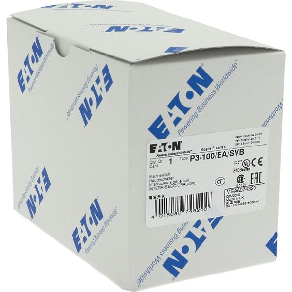 P3-100/EA/SVB Main switch, P3, 100 A, flush mounting, 3 pole, Emergency switching off function, With red rotary handle and yellow locking ring, Lockable in the 0 (O image 7