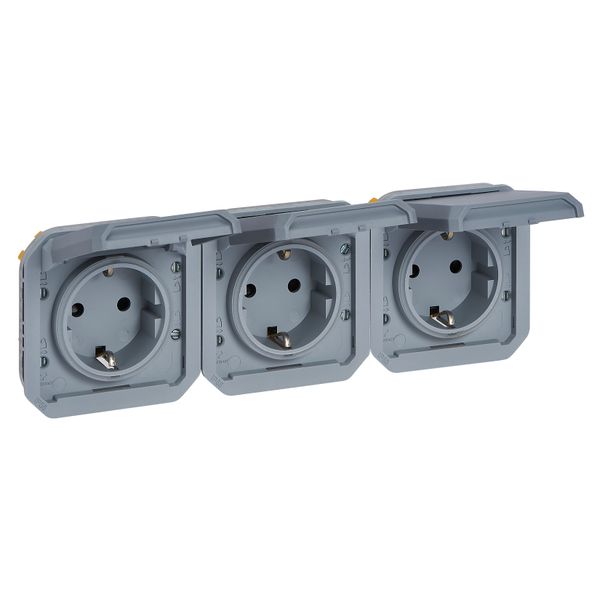 PLEXO 3 GANG PREWIRED HORIZONTAL GERMAN STD SOCKET OUTLET - GREY - MECHANISM image 1
