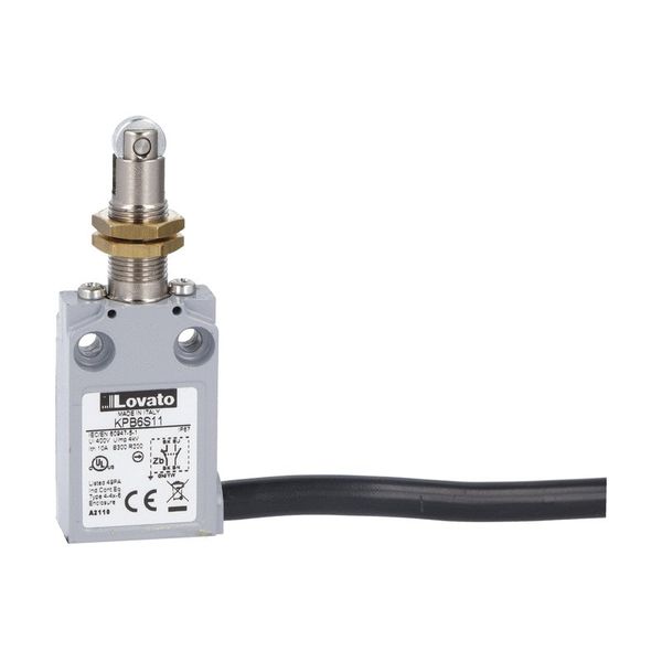 Prewired with 2m long cable metal limit switch, K series, top roller push plunger. M12 head. Contacts 1NO+1NC snap action image 1