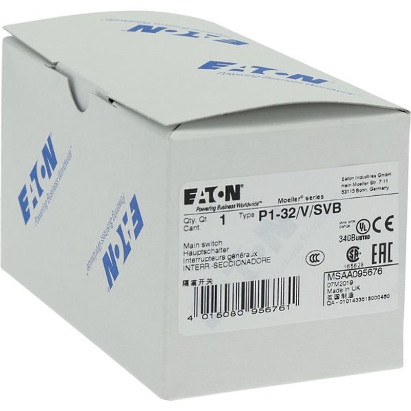 P1-32/V/SVB Main switch, P1, 32 A, rear mounting, 3 pole, Emergency switching off function, With red rotary handle and yellow locking ring, Lockable in the 0 (Off image 6