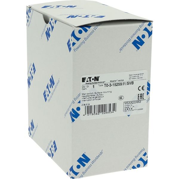 T0-3-15259/I1/SVB Main switch, T0, 20 A, surface mounting, 3 contact unit(s), 3 pole, 2 N/O, Emergency switching off function, With red rotary handle and yellow locking image 9