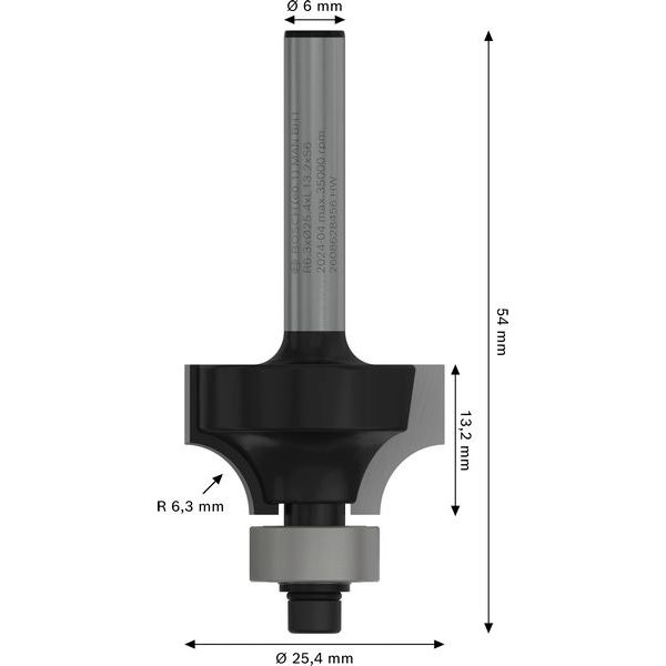 Rounding over bit, 6 mm, R1 6.3 mm, D 25.4, L 13.1 mm, G 54 mm image 2
