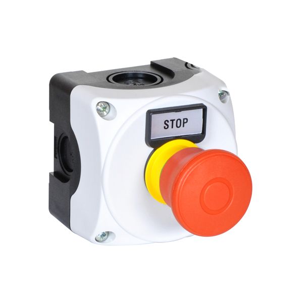 Control station, complete with 1 pushbutton, GREY, 1 hole LPZP1A8 with 1 E-STOP pushbutton LPCB6744 image 1