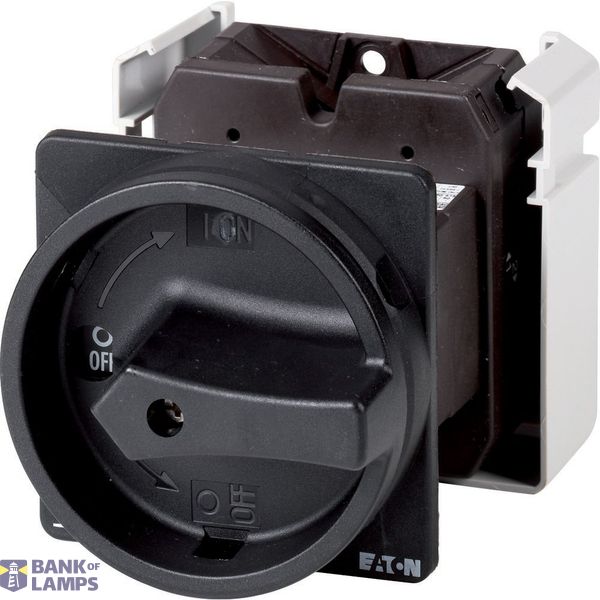 Main switch, T5, 100 A, rear mounting, 2 contact unit(s), 4 pole, STOP function, With black rotary handle and locking ring image 1