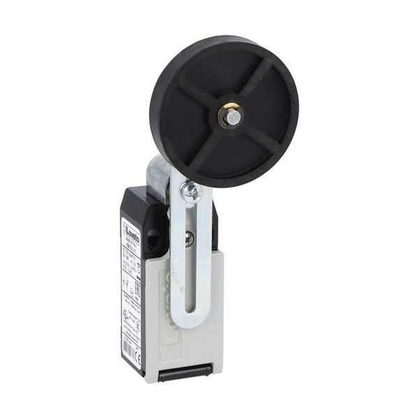 Limit switch, K series, adjustable roller lever, 1 bottom cable entry. Dimensions to EN 50047, metal body, contacts 1NO+2NC slow action. Rubber roller with offset alignment image 1