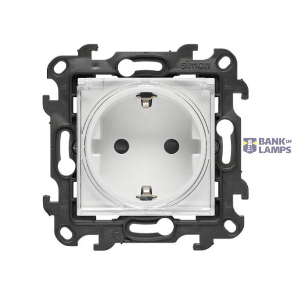 Single socket outlet with Schuko earthing for IP44 without seal frame, with shutters, (module), Simon 24, IP44, white, Flap color: Transparent image 1
