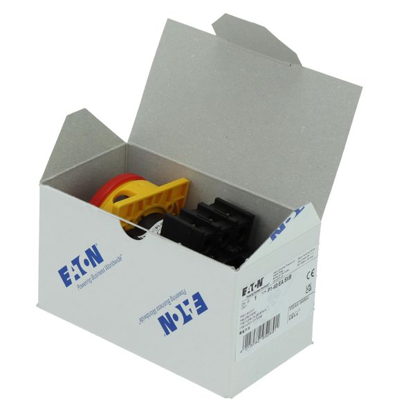 Main switch, P1, 40 A, flush mounting, 3 pole, Emergency switching off function, With red rotary handle and yellow locking ring, Lockable in the 0 (Of image 28