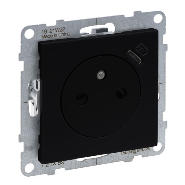 COMBINED SOCKET 2P+E FRENCH STANDARD AUTO TERMINALS SHUTTERED + USB TYPE C BLACK image 1