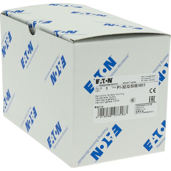 P1-32/I2/SVB/HI11 Main switch, P1, 32 A, surface mounting, 3 pole, 1 N/O, 1 N/C, Emergency switching off function, With red rotary handle and yellow locking ring, Locka image 37