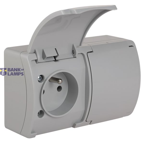 VG-2 Koala Double Socket with earthing contact (2x2P+Z) surface mounted IP44 gray with gray flap VG 162-03 image 1