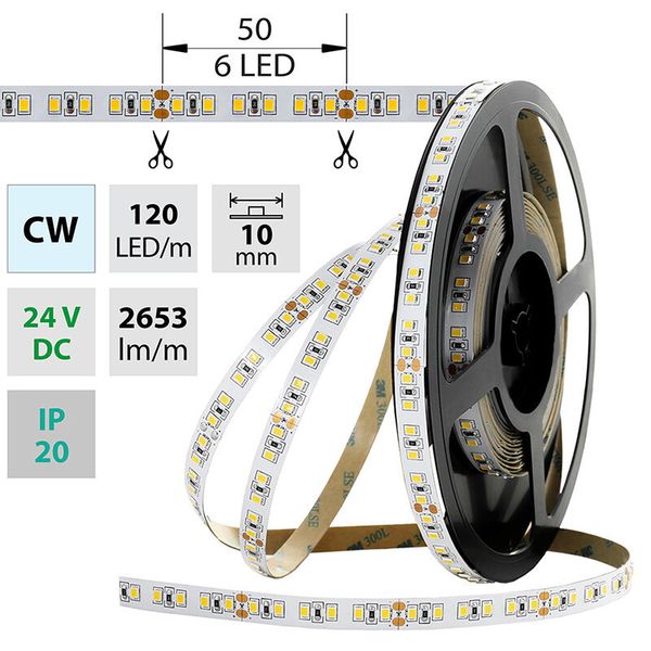 LED strip SMD2835 CW, 120LED/m, 28,8W/m, 2653lm/m, IP20, DC 24V, 10mm, 5m image 1
