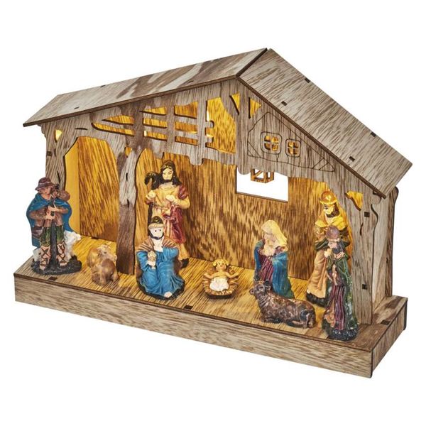 LED Christmas nativity scene, wooden, 19 cm, 3x AA, indoor, warm white, timer image 1