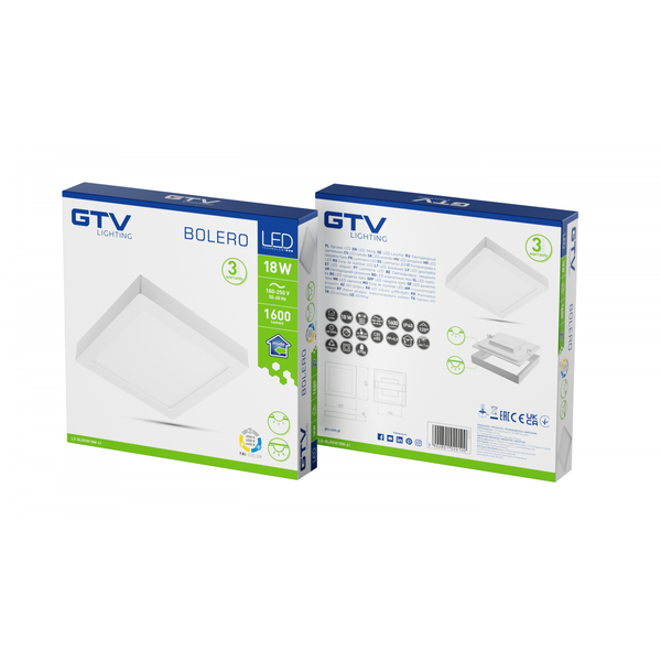 LED luminaire BOLERO, 18 W, 1600 lm, 3000K/4000K/6400K, AC175-250V, PF>0.5, RA>80, IP40, 120°, 6in1, surface-mounted/recessed, square image 2