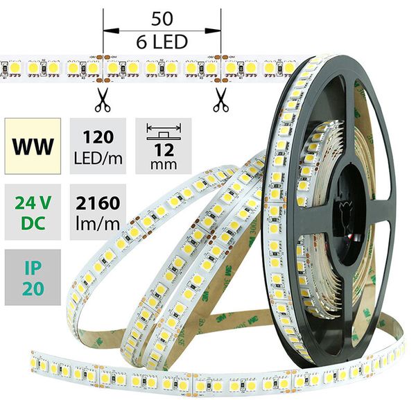 LED strip SMD5050 WW, 120LED/m, 28,8W/m, 2160lm/m, IP20, DC 24V, 12mm, 50m image 1