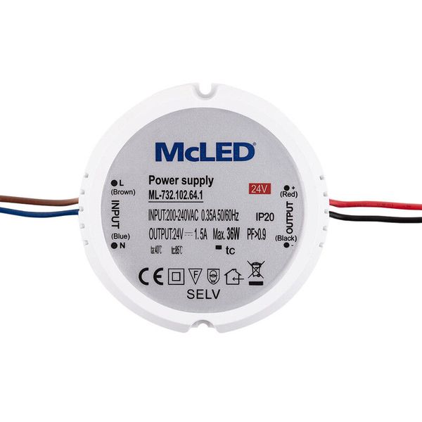LED power supply 36W, DC24V/1.5A, IP20, plastic, for electrical installation box image 1