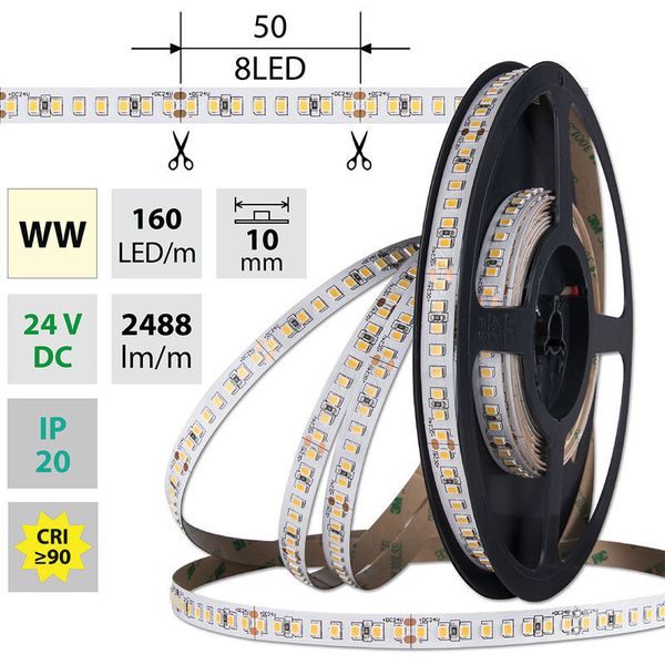 LED strip SMD2835 WW 160LED/m 19,2W/m DC 24V 2488lm/m CRI90 IP20 10mm 50m image 1